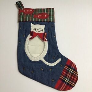 Kitty Cat Christmas Stocking Picture Frame Kitten Pet Applique Plaid Denim Stars